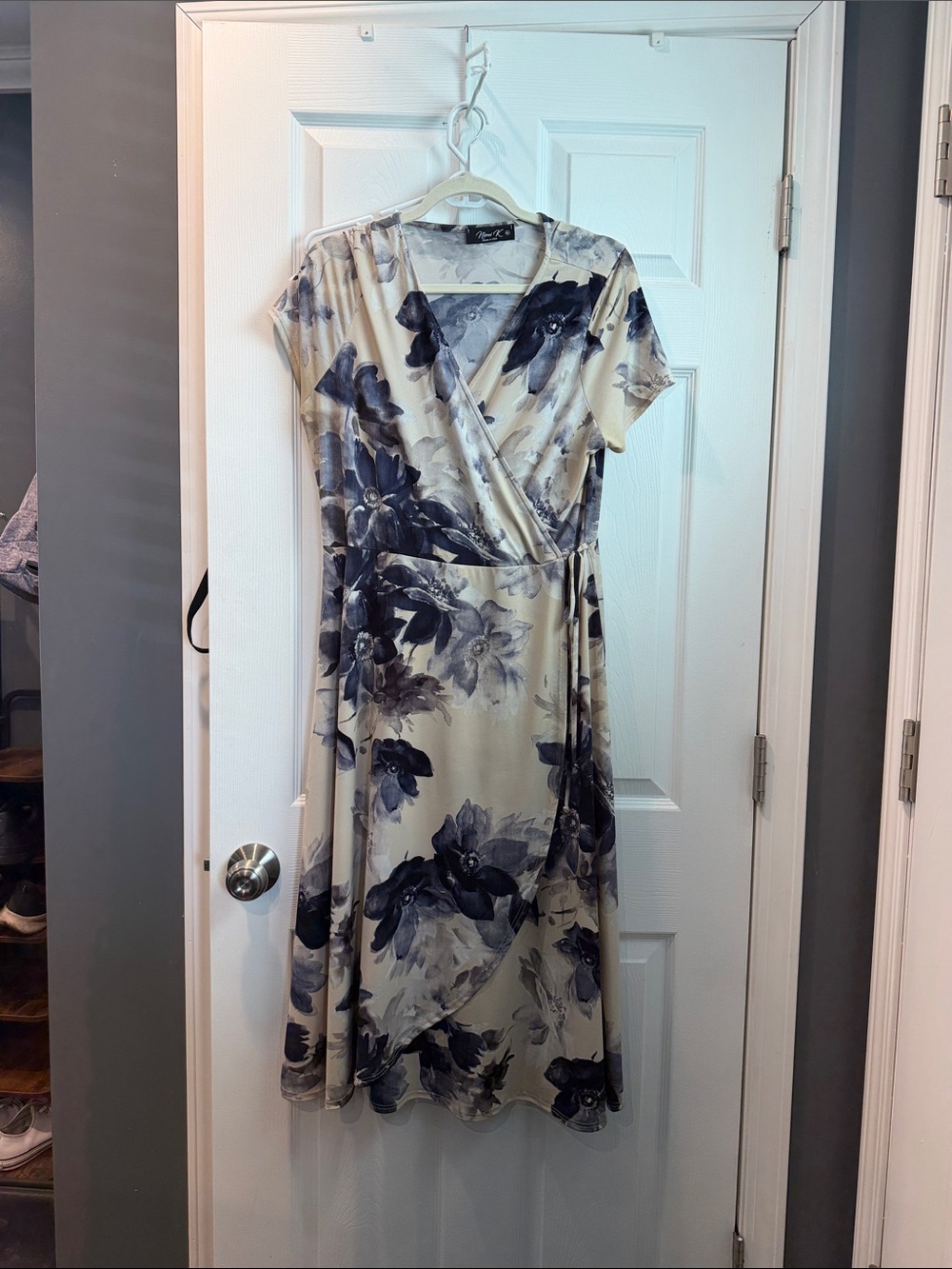 Floral Wrap Midi Dress in Cream and Navy